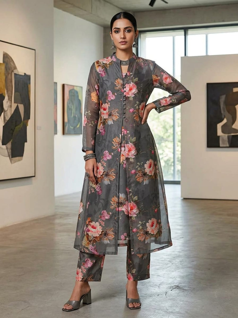 Grey Vintage Floral Bouquets Kora Silk Digital Printed Fabric