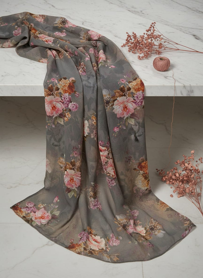 Grey Vintage Floral Bouquets Kora Silk Digital Printed Fabric
