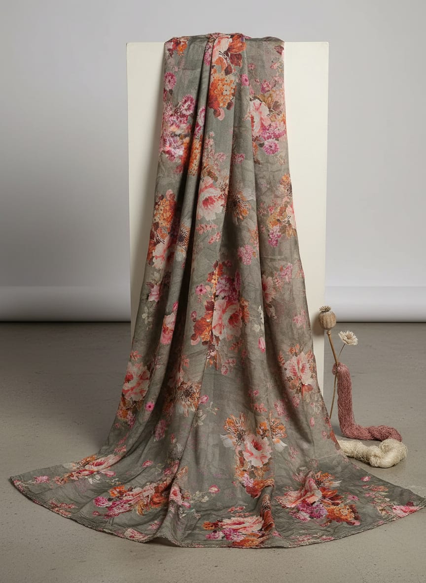 Grey Vintage Floral Bloom Pure Muslin Digital Printed Fabric