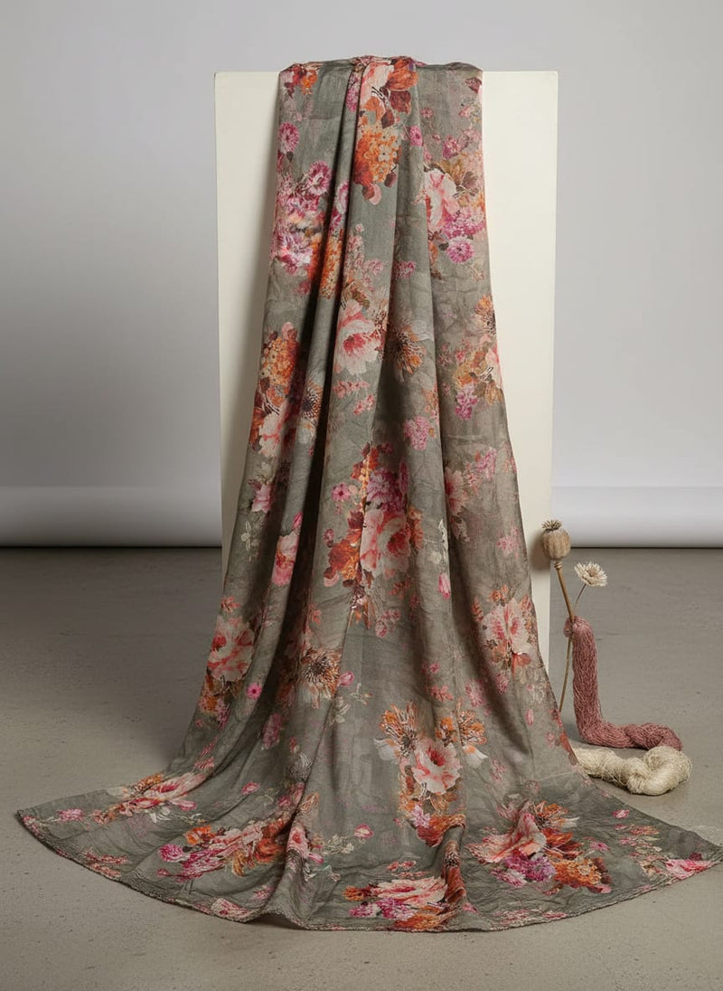 Painted Flower Bunch On Grey Palate Digital Printed Fabric  - Pure Muslin