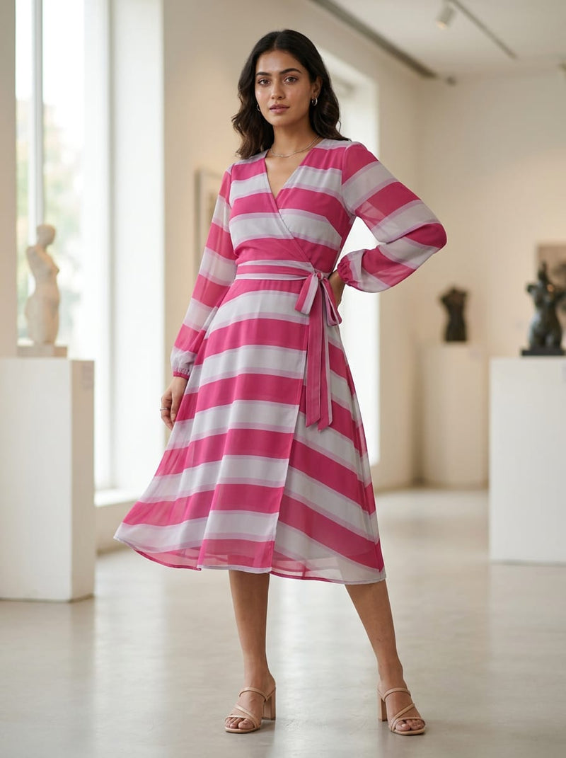 Pink Bold Pink and Grey Stripes Weightless Digital Printed Fabric