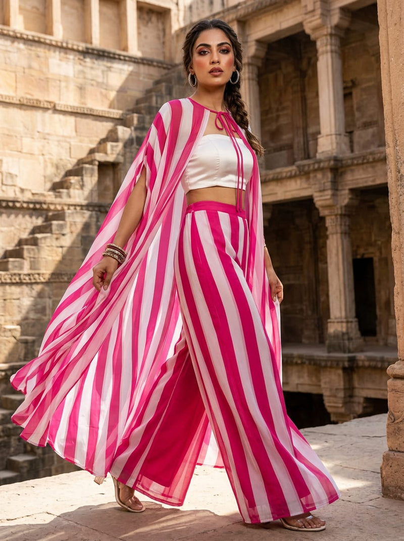 Pink Bold Pink and Grey Stripes Weightless Digital Printed Fabric