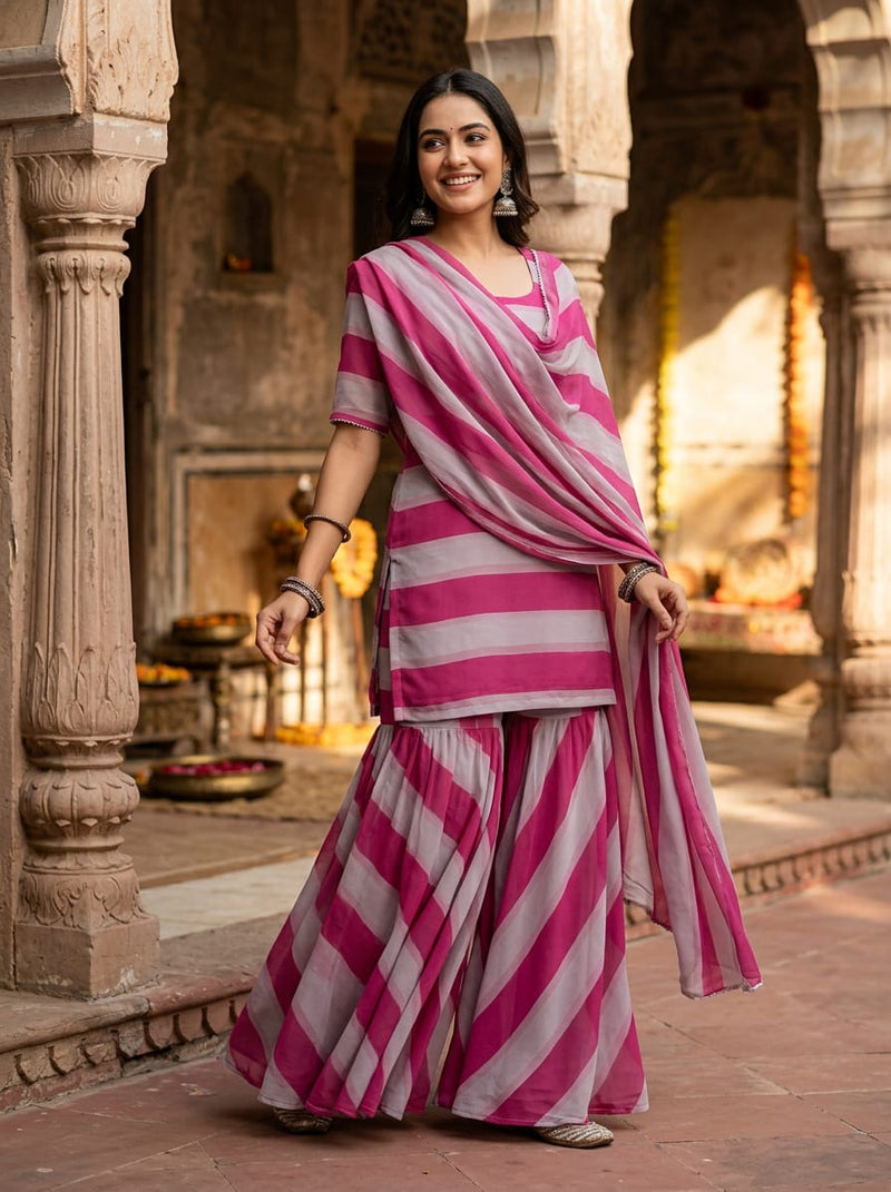 Pink Bold Pink and Grey Stripes Weightless Digital Printed Fabric