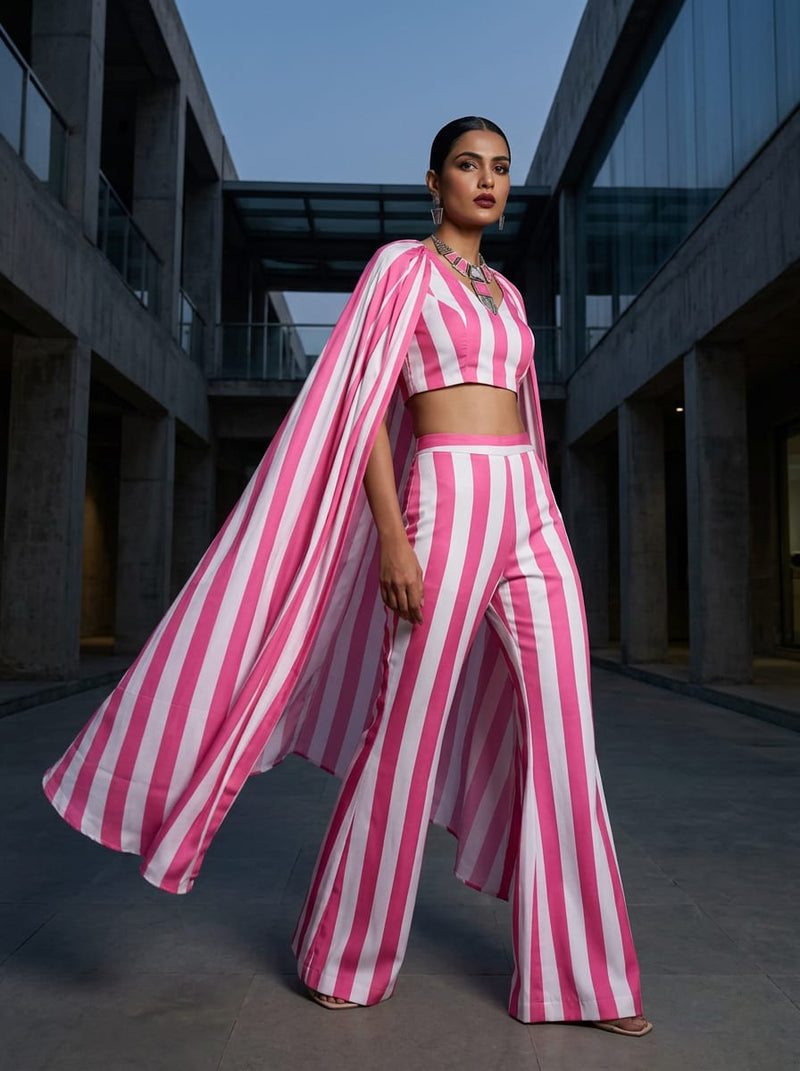 Pink Bold Striped Silk Crepe Digital Printed Fabric