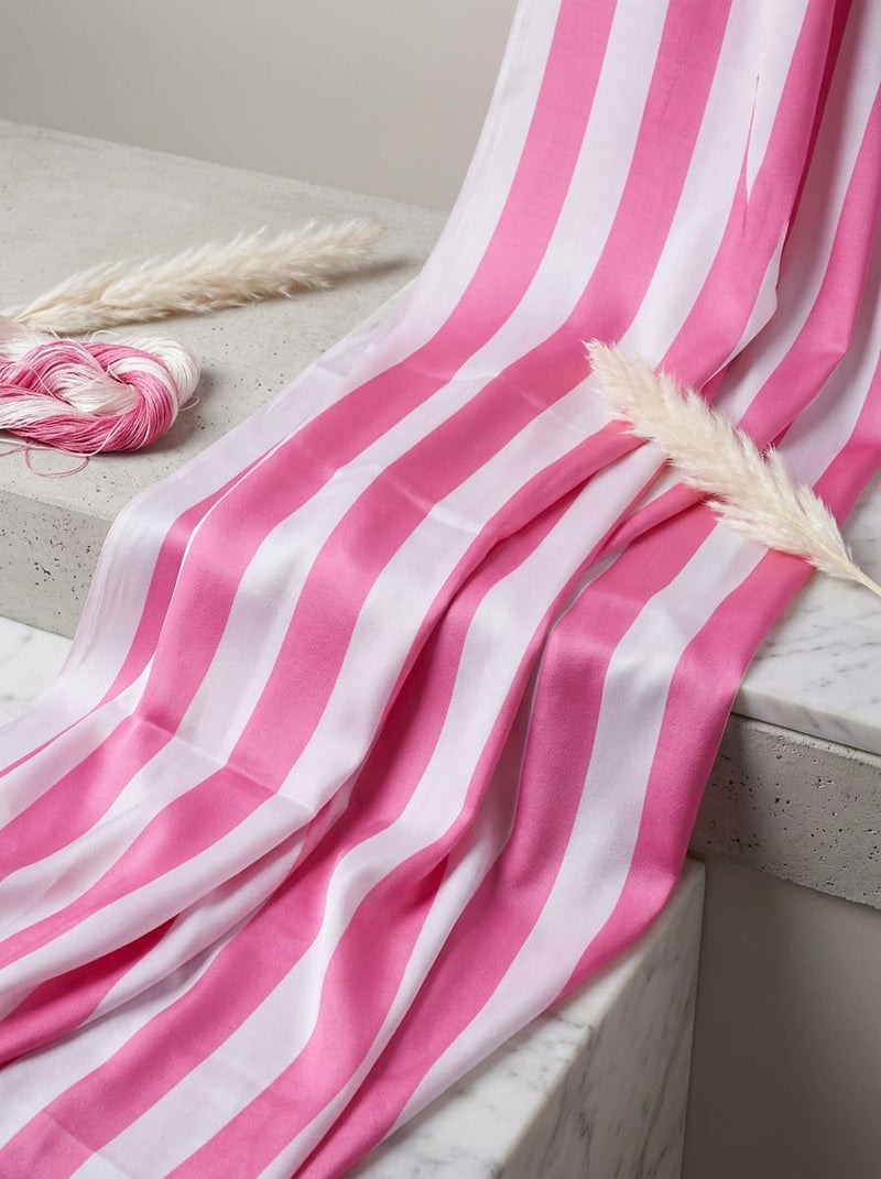 Pink Bold Striped Silk Crepe Digital Printed Fabric