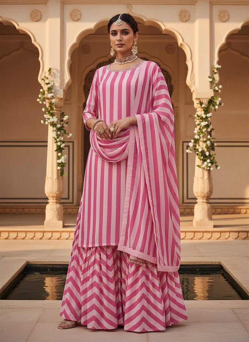 Pink and White Classic Stripes Pure Georgette Digital Printed Fabric