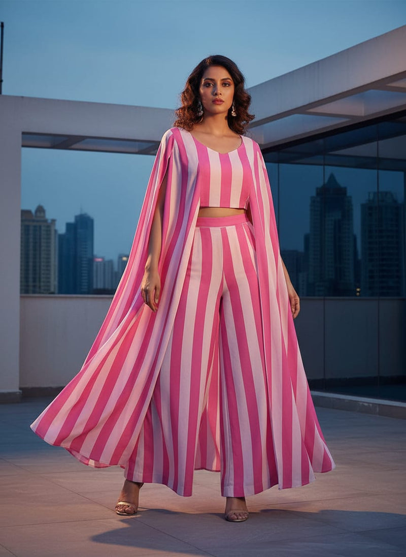 Pink and White Classic Stripes Pure Georgette Digital Printed Fabric
