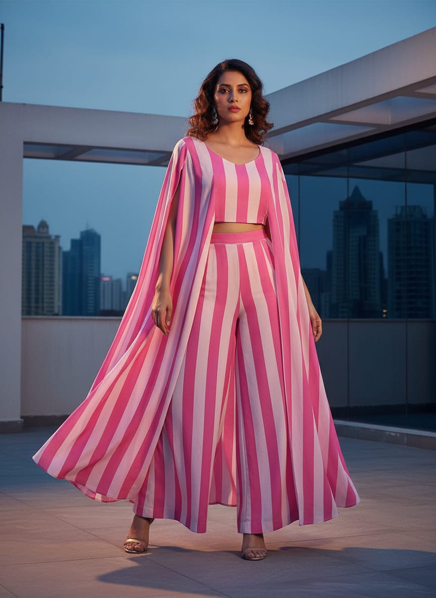 Pink and White Classic Stripes Pure Georgette Digital Printed Fabric