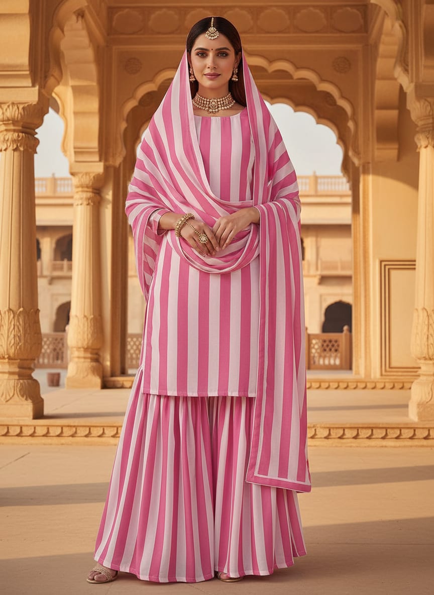 Pink and White Classic Stripes Pure Georgette Digital Printed Fabric
