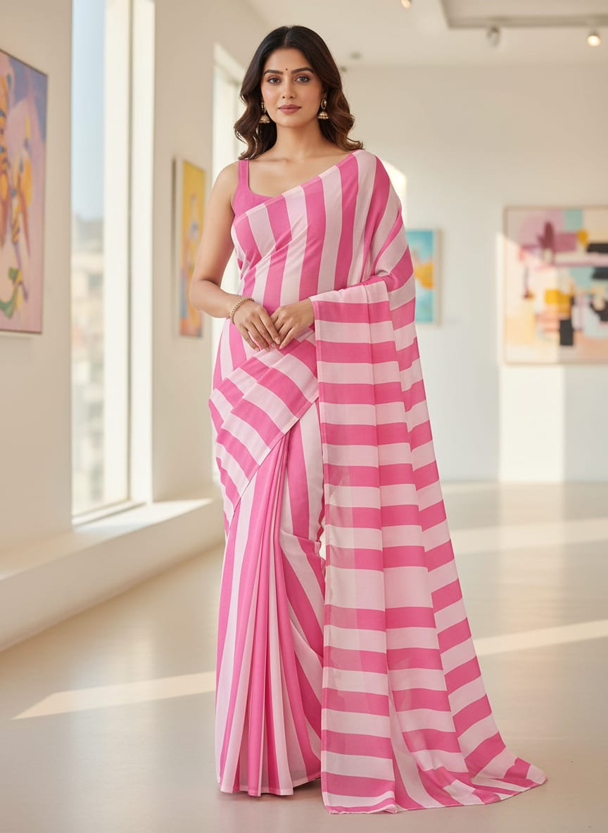 Pink and White Classic Stripes Pure Georgette Digital Printed Fabric