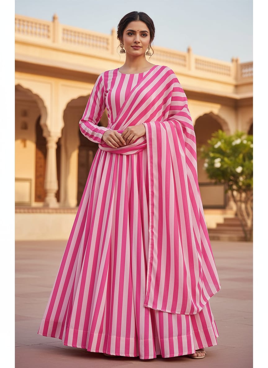 Pink and White Classic Stripes Pure Georgette Digital Printed Fabric