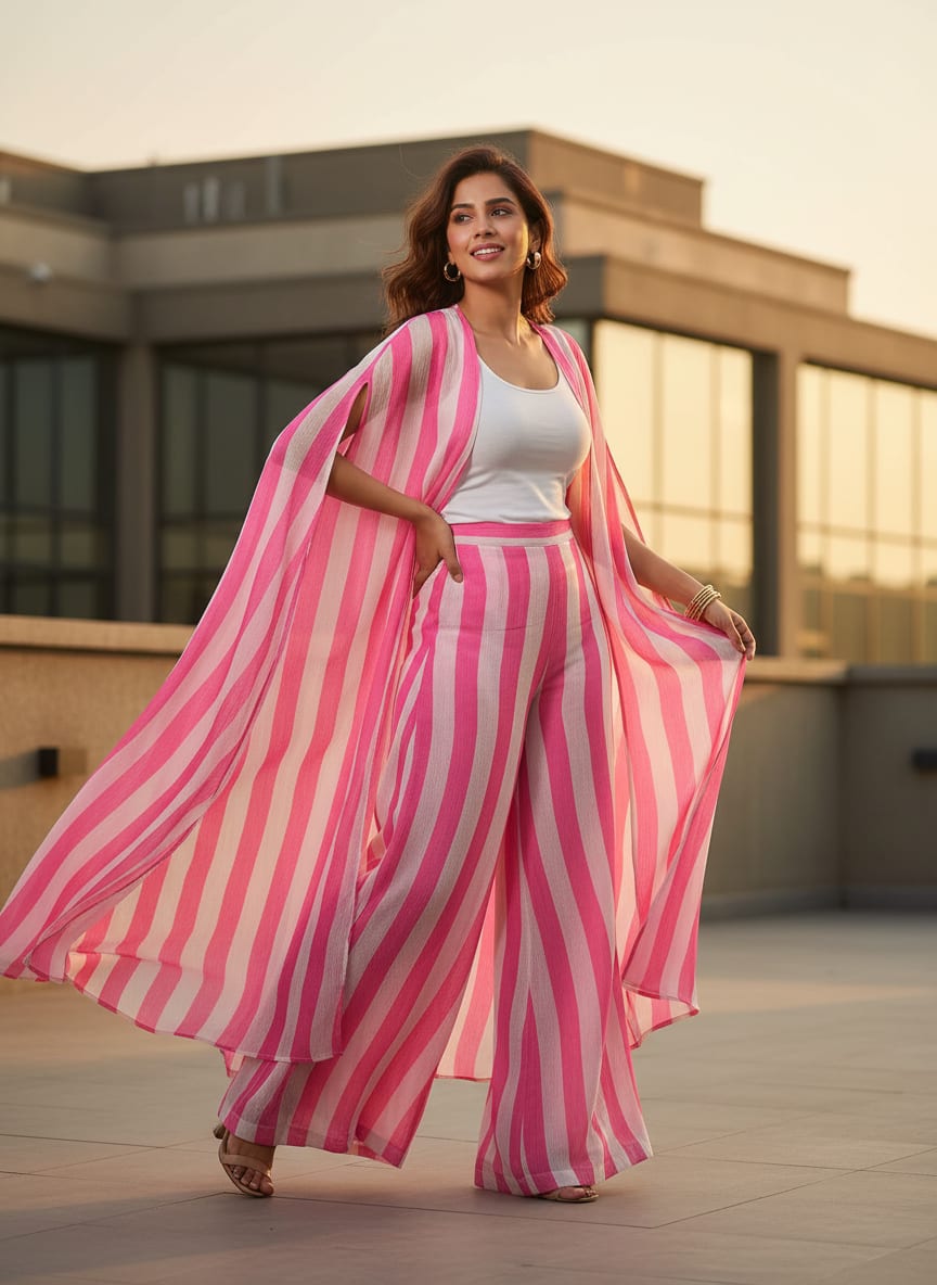 Pink Classic Striped Pure Chinon Digital Printed Fabric