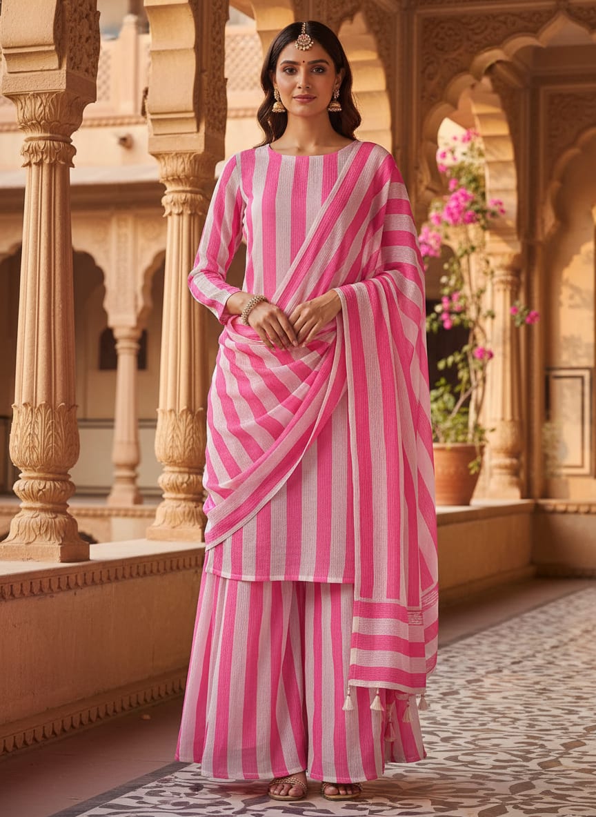 Pink Classic Striped Pure Chinon Digital Printed Fabric