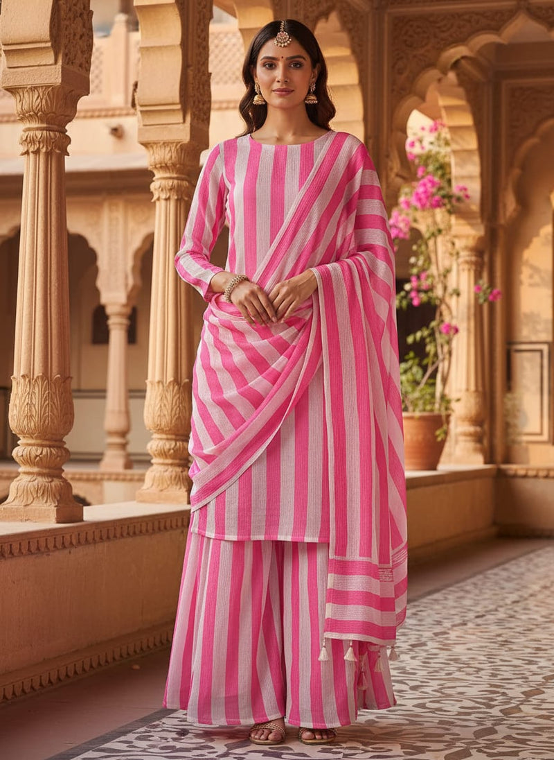 Pink Classic Striped Pure Chinon Digital Printed Fabric