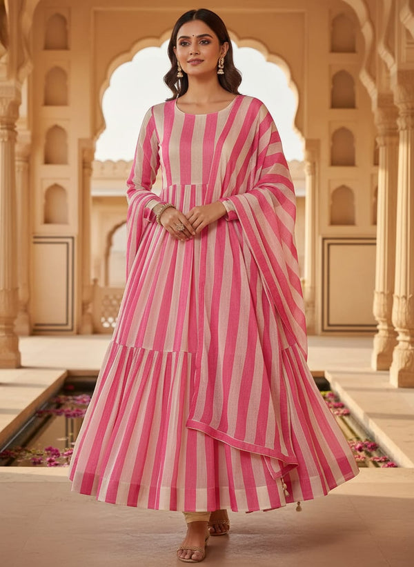 Pink Classic Striped Pure Chinon Digital Printed Fabric - Anarkali Kurta Set Lookbook - PC-0-TA07536-106 - alternate view