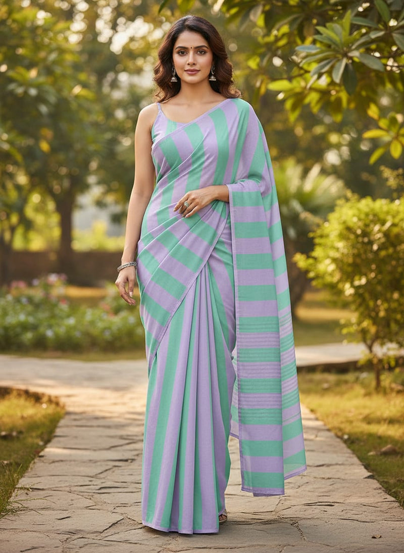 Green And Violet Stripes Digital Printed Fabric  - Weightless