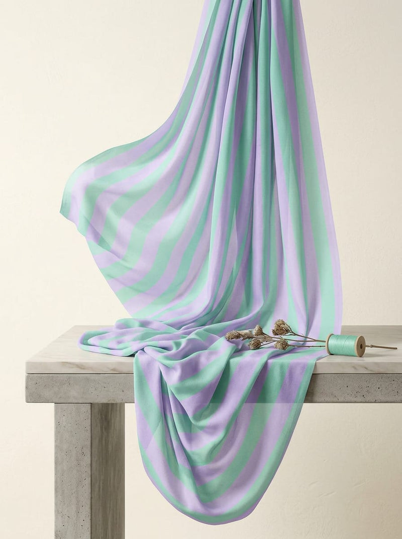 Purple and Green Striped Weightless Digital Printed Fabric