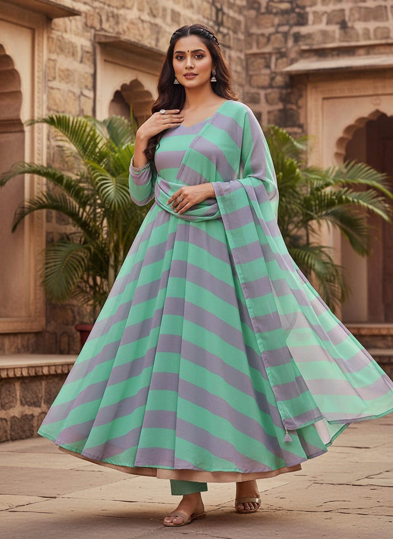 Green And Violet Stripes Digital Printed Fabric  - Pure Georgette