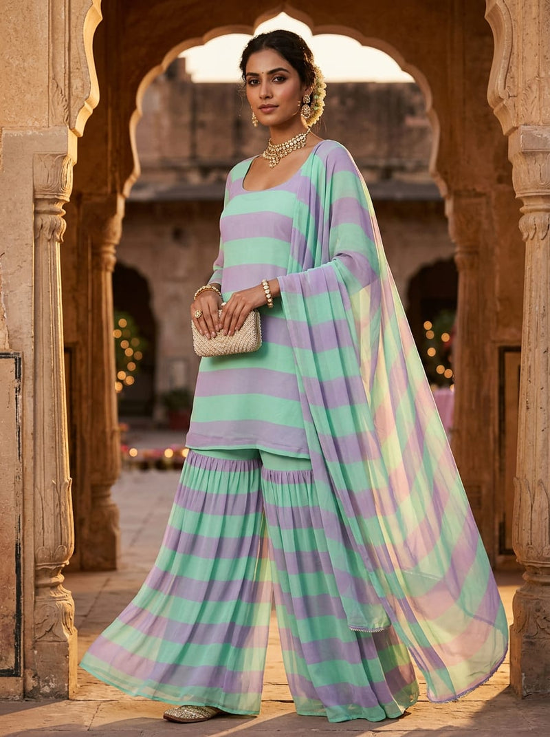 Green and Purple Wide Stripes Pure Georgette Digital Printed Fabric