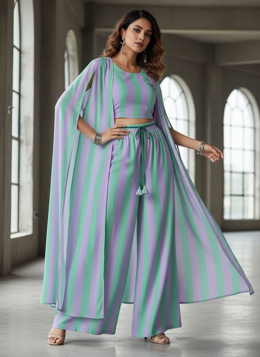 Purple Teal Vertical Stripe Pure Chinon Digital Printed Fabric