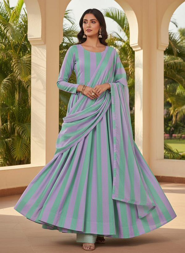 Purple Teal Vertical Stripe Pure Chinon Digital Printed Fabric - Anarkali Kurta Set Lookbook - PC-0-TA07538-106 - alternate view