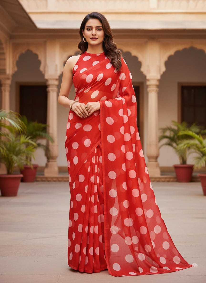 Huge Red Polka Dot Digital Printed Fabric  - Kora Silk