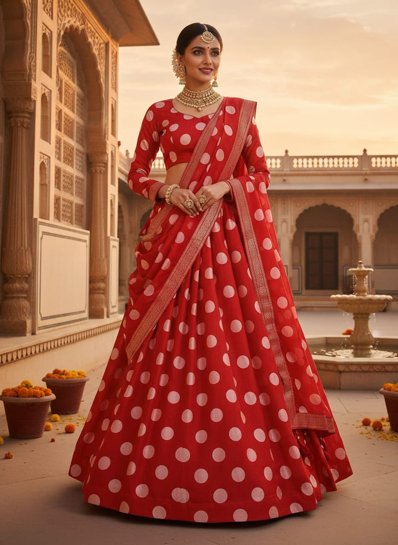Huge Red Polka Dot Digital Printed Fabric  - Kora Silk
