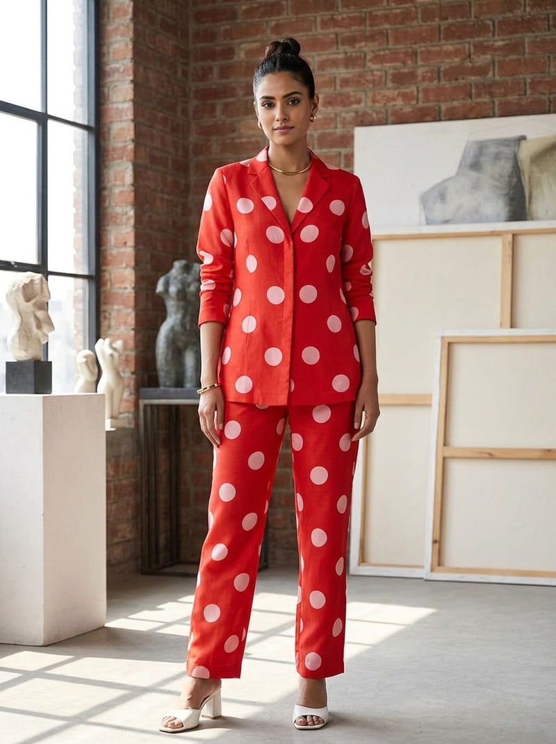 Red Classic Large Polka Dot Kora Silk Digital Printed Fabric