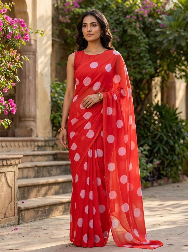 Red Large Polka Dot Weightless Digital Printed Fabric