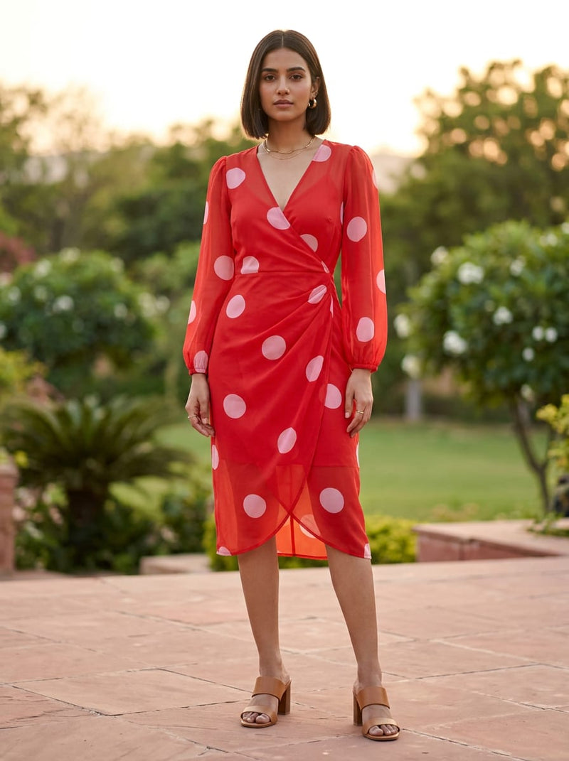 Red Large Polka Dot Weightless Digital Printed Fabric