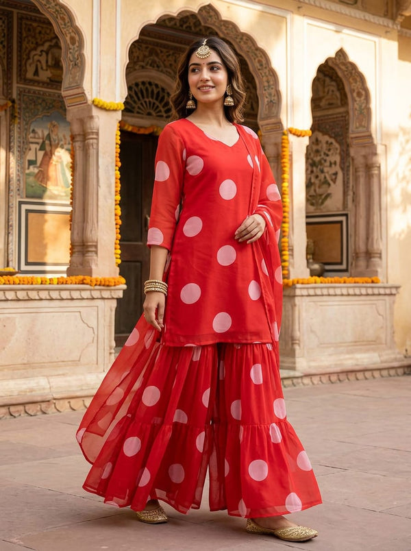 Red Large Polka Dot Weightless Digital Printed Fabric - Sharara Set Lookbook - WE-0-TA07539-110 - alternate view