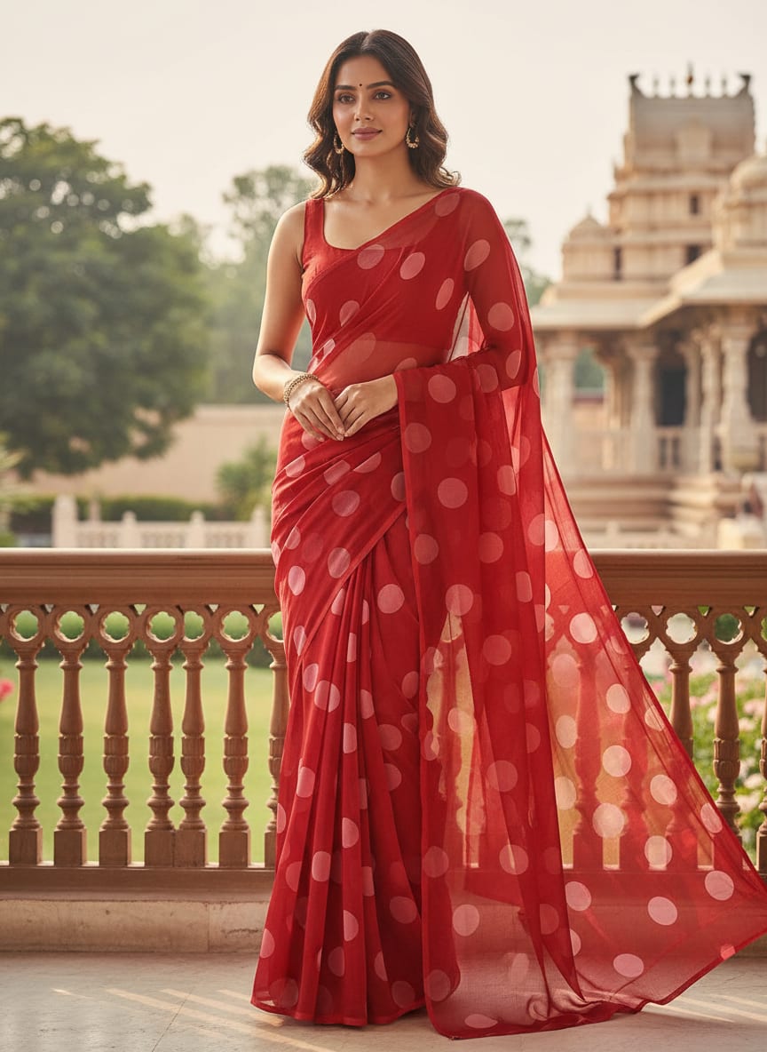 Huge Red Polka Dot Digital Printed Fabric  - Pure Georgette