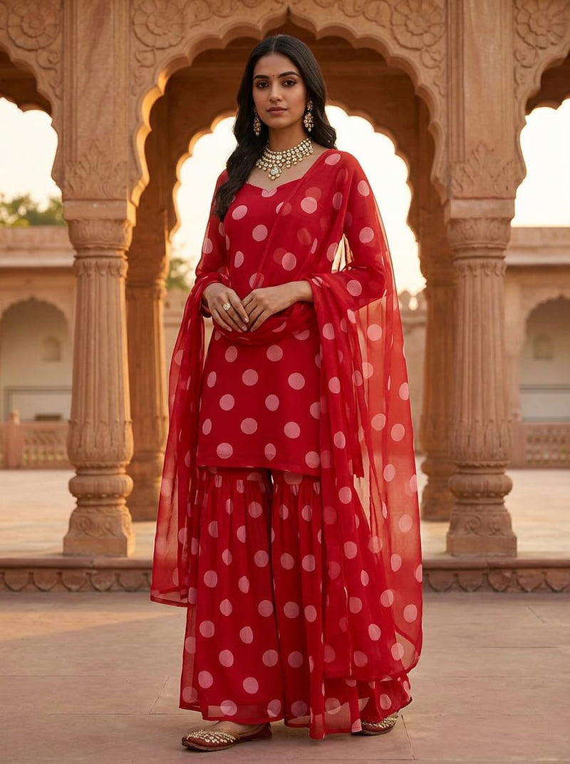 Red Large Pink Polka Dot Pure Georgette Digital Printed Fabric
