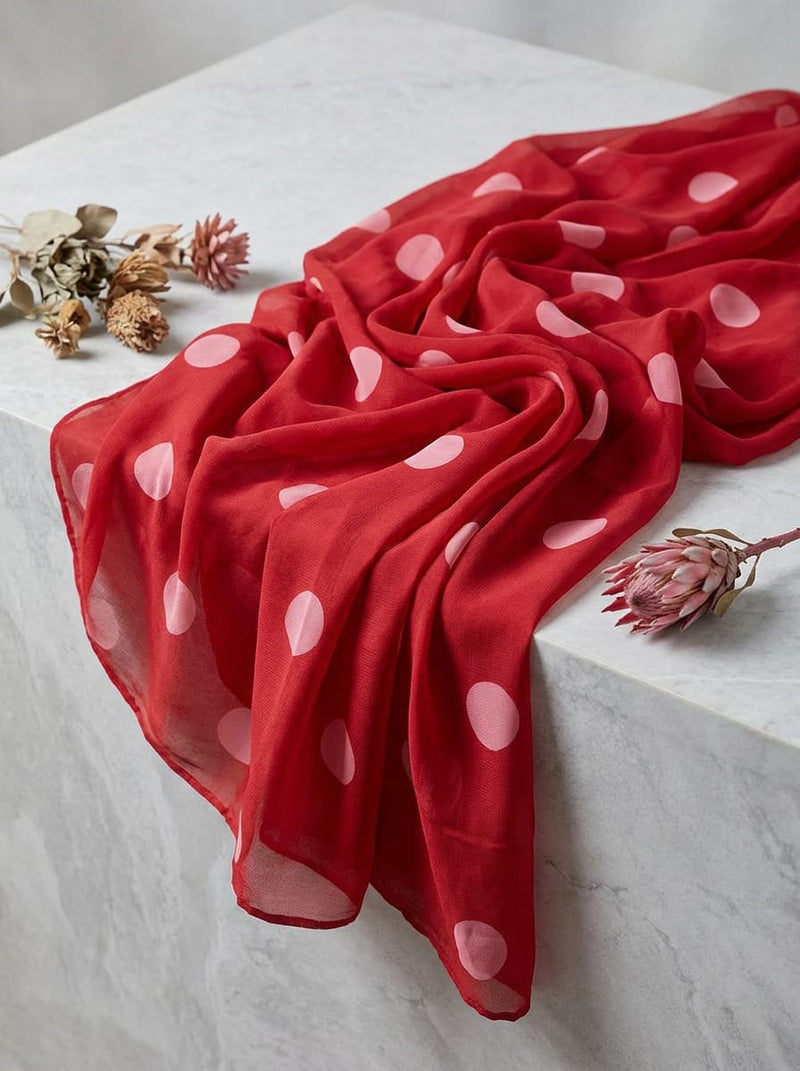 Red Large Pink Polka Dot Pure Georgette Digital Printed Fabric