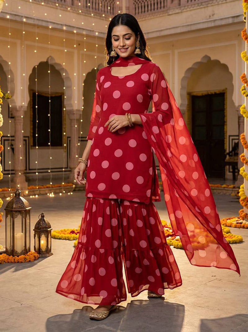 Red Large Pink Polka Dot Pure Georgette Digital Printed Fabric