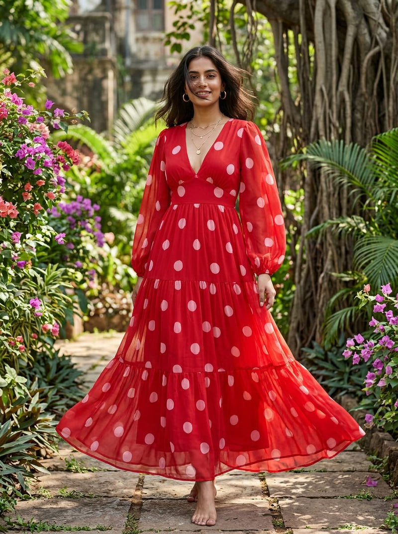 Red Large Pink Polka Dot Pure Georgette Digital Printed Fabric