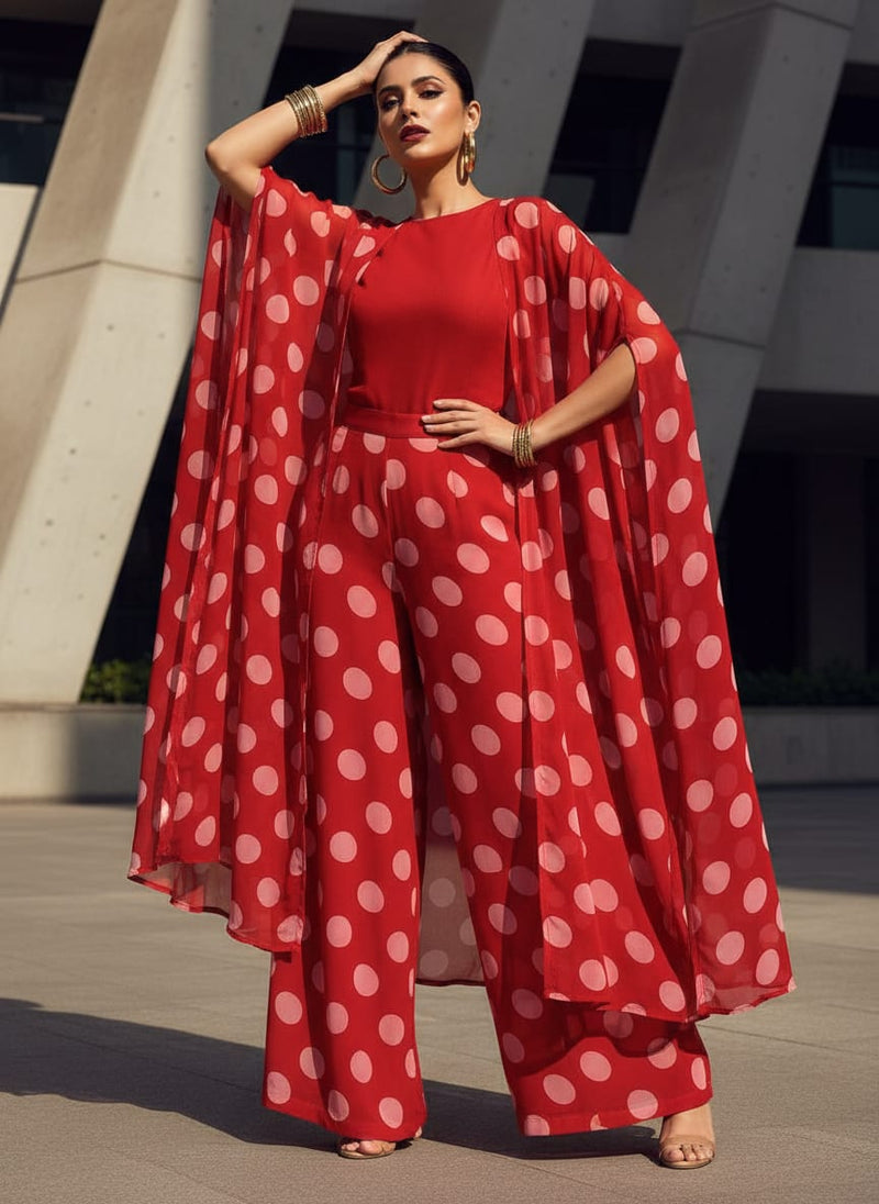 Huge Red Polka Dot Digital Printed Fabric  - Pure Georgette