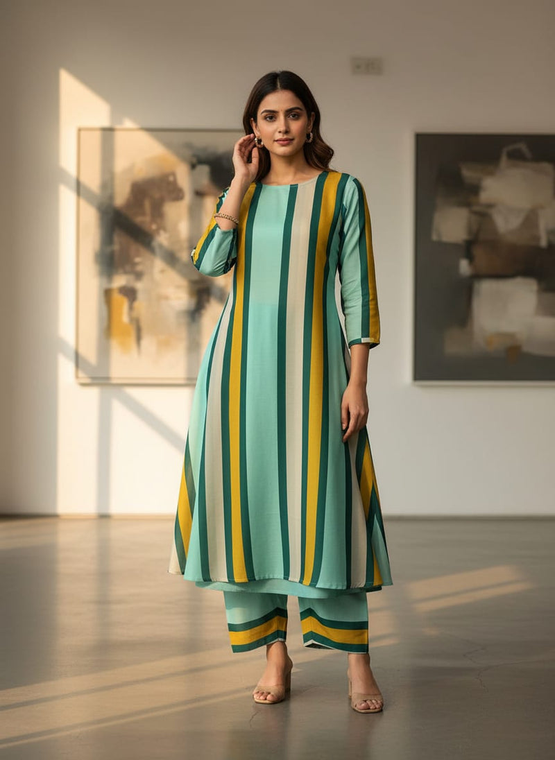 Green And Yellow Stripes Combo Digital Printed Fabric  - Kora Silk
