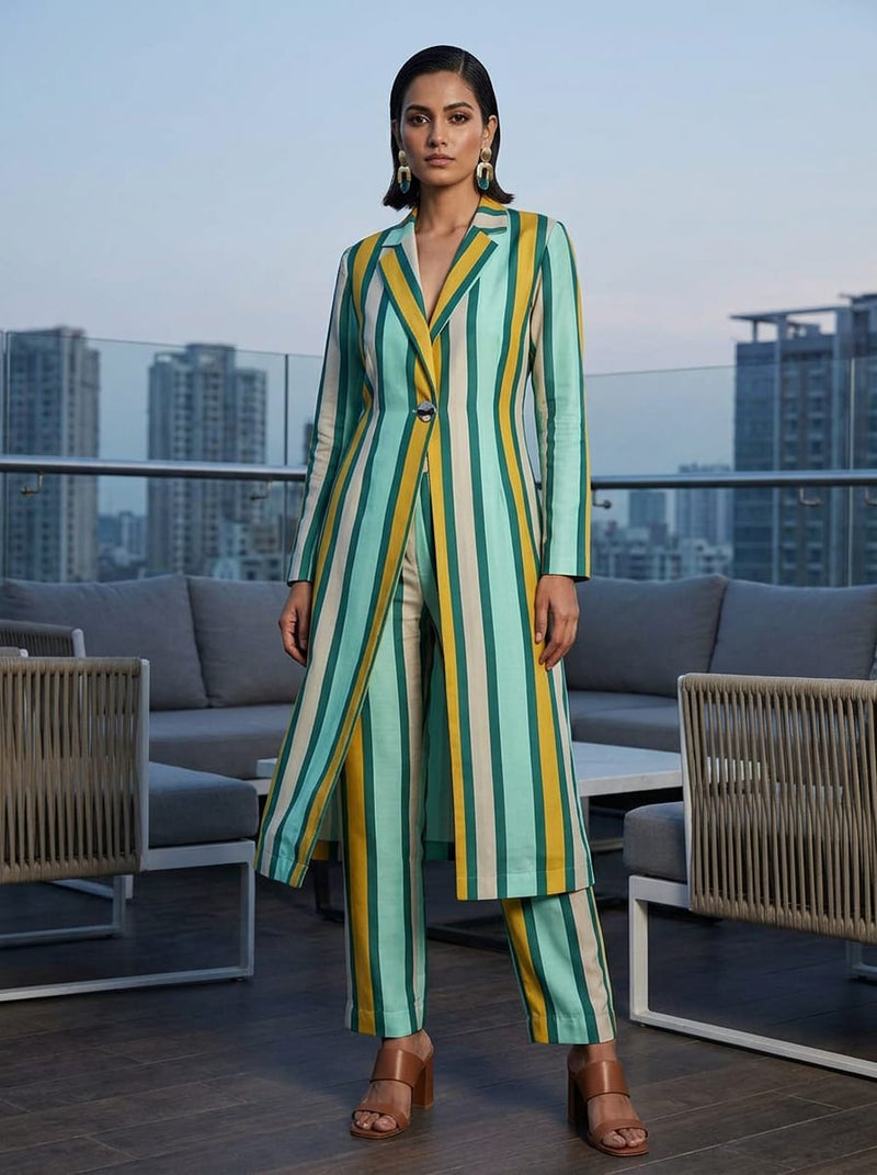 Multicolor Bold Striped Pattern Kora Silk Digital Printed Fabric