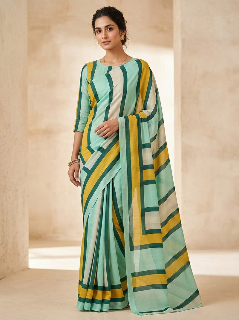 Multicolor Bold Striped Pattern Kora Silk Digital Printed Fabric