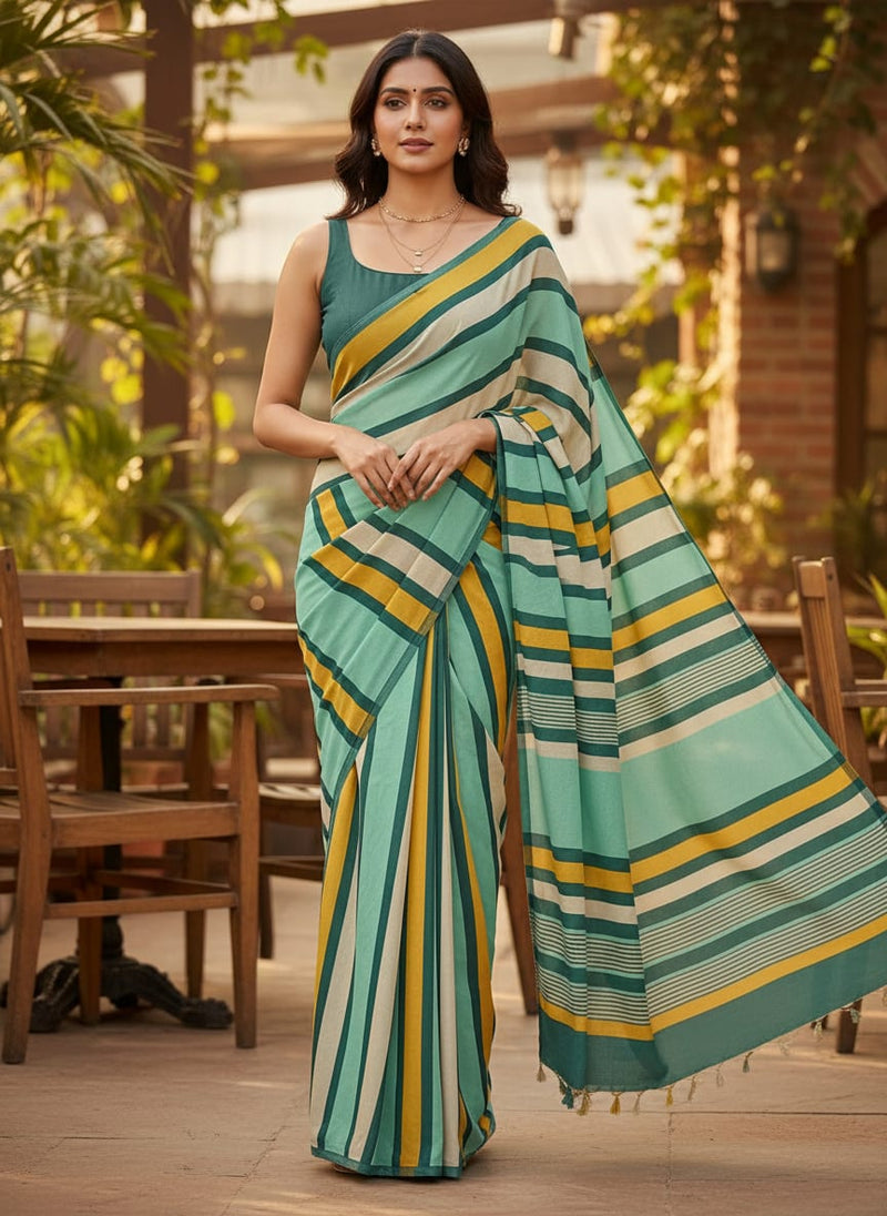 Green And Yellow Stripes Combo Digital Printed Fabric  - Weightless