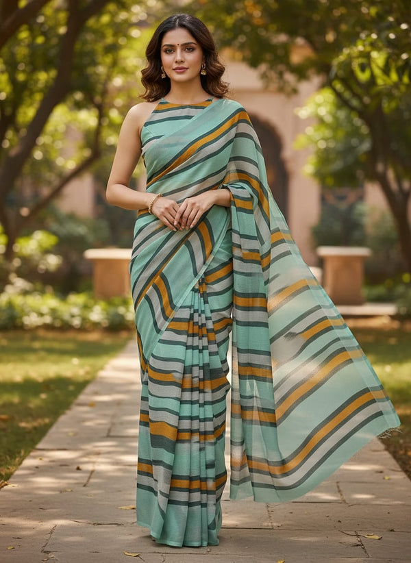 Multicolor Wavy Abstract Stripes Pure Chinon Digital Printed Fabric - Saree Lookbook - PC-0-TA07542-106 - alternate view
