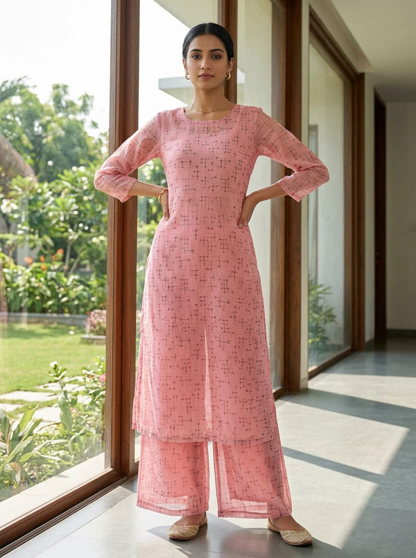 Pink Geometric Cross and Dot Pattern Kota Doria Digital Printed Fabric - Straight Kurta with Palazzo Lookbook - KD-0-TA05447B-110 - alternate view