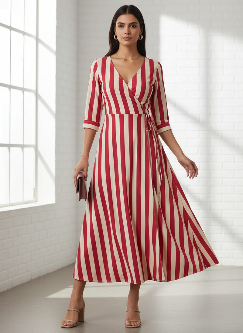 Red And Offwhite Stripe Combo Digital Printed Fabric  - Weightless