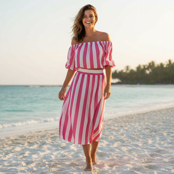 Pink And Offwhite Stripe Combo Digital Printed Fabric  - Muslin - alternate view