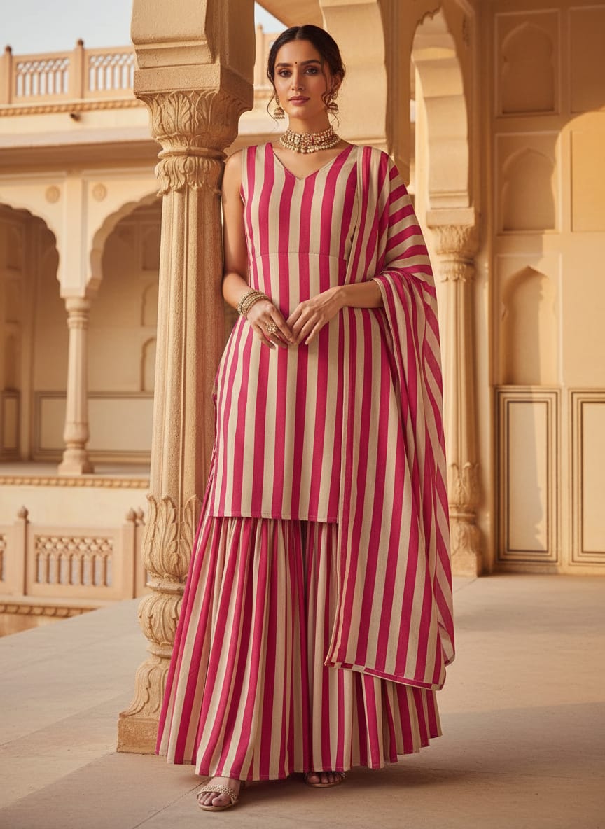 Pink and Cream Striped Pure Chinon Digital Printed Fabric