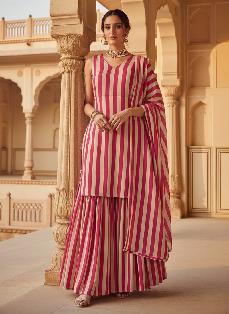 Pink and Cream Striped Pure Chinon Digital Printed Fabric