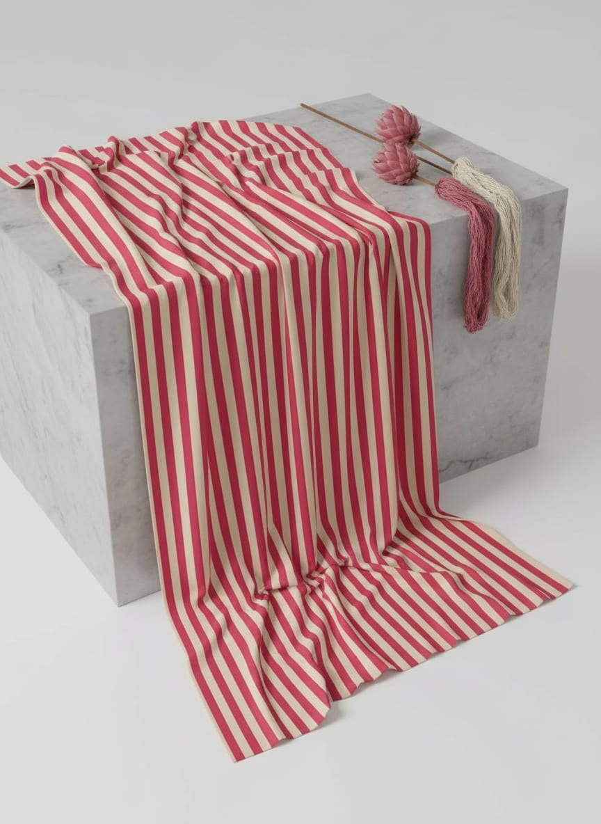 Red And Offwhite Stripe Combo Digital Printed Fabric  - Pure Chinon