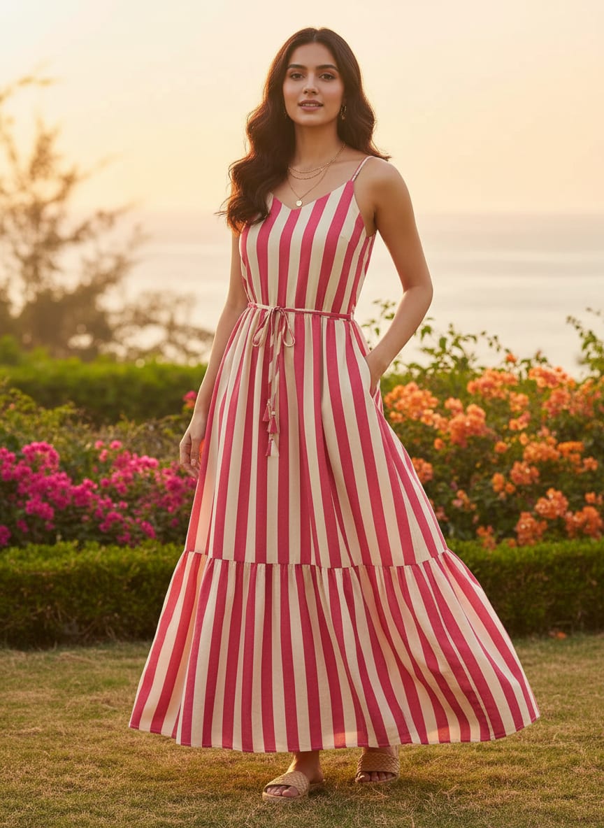 Pink and Cream Striped Pure Chinon Digital Printed Fabric