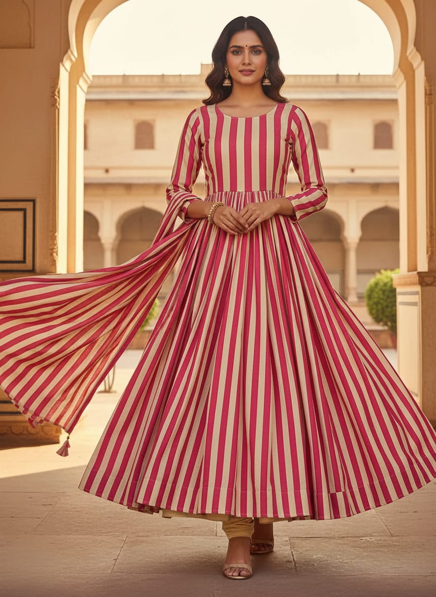 Pink and Cream Striped Pure Chinon Digital Printed Fabric